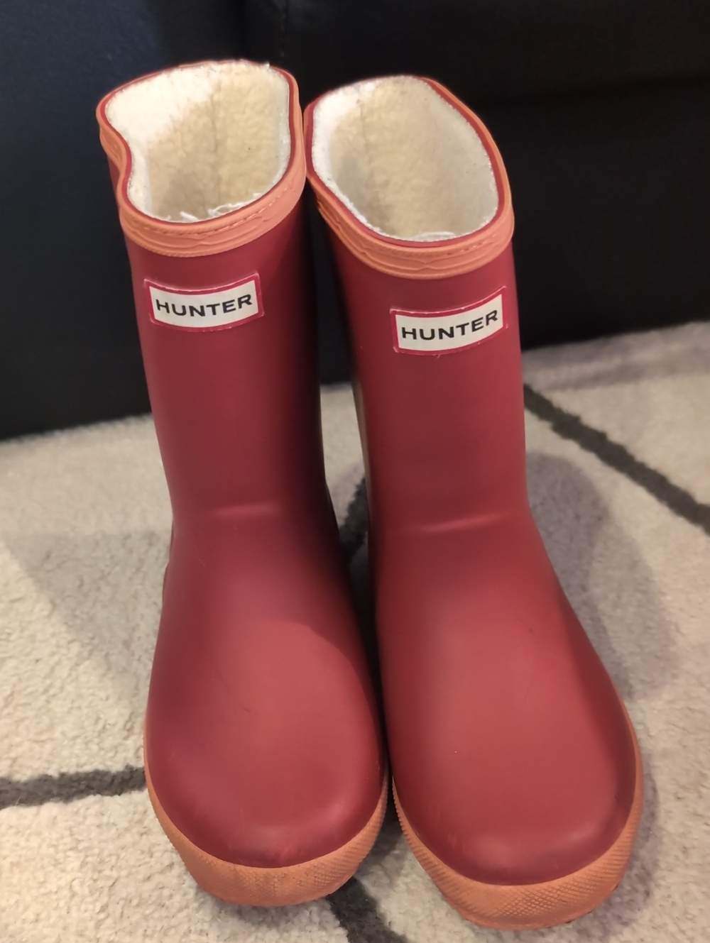 Hunter Kids Burgundy Red Rubber Rain Boots with Fleece Lining
